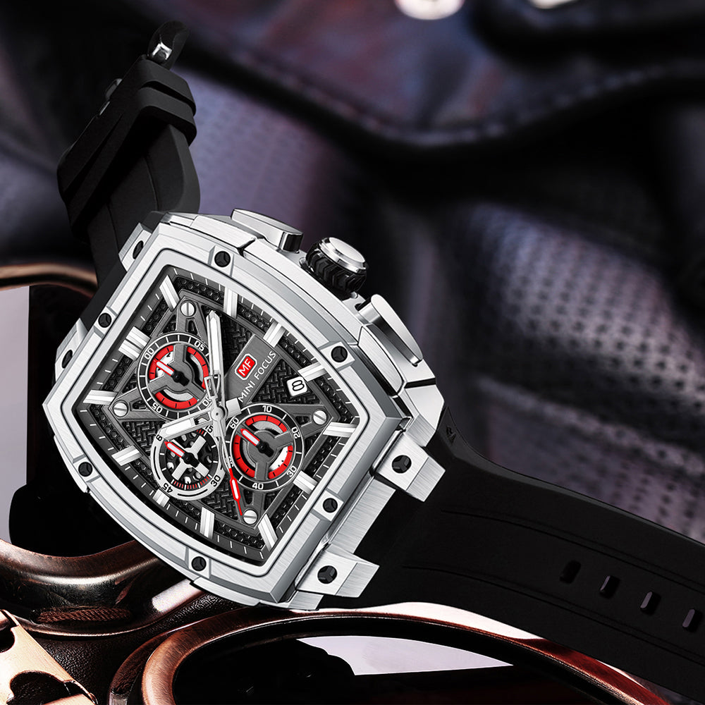 Silver & Black Silicone Strap Chronograph Watch for Men
