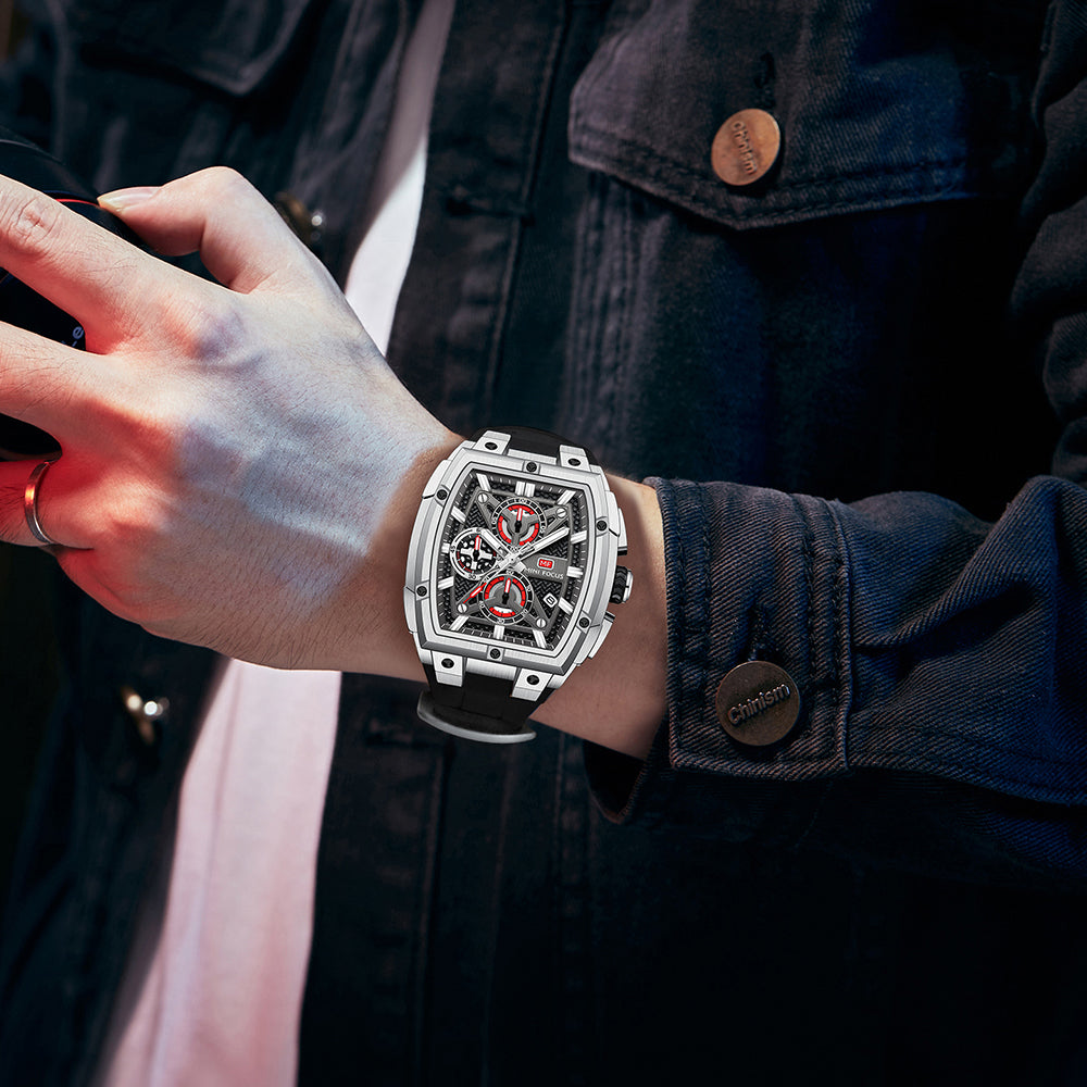 Silver & Black Silicone Strap Chronograph Watch for Men