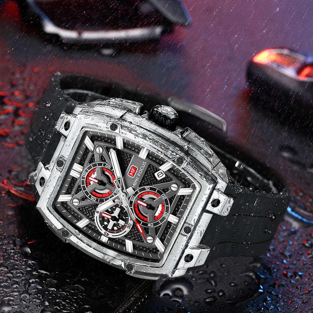 Silver & Black Silicone Strap Chronograph Watch for Men