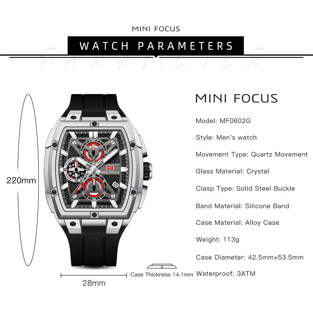 Silver & Black Silicone Strap Chronograph Watch for Men