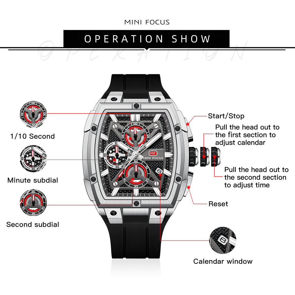 Silver & Black Silicone Strap Chronograph Watch for Men