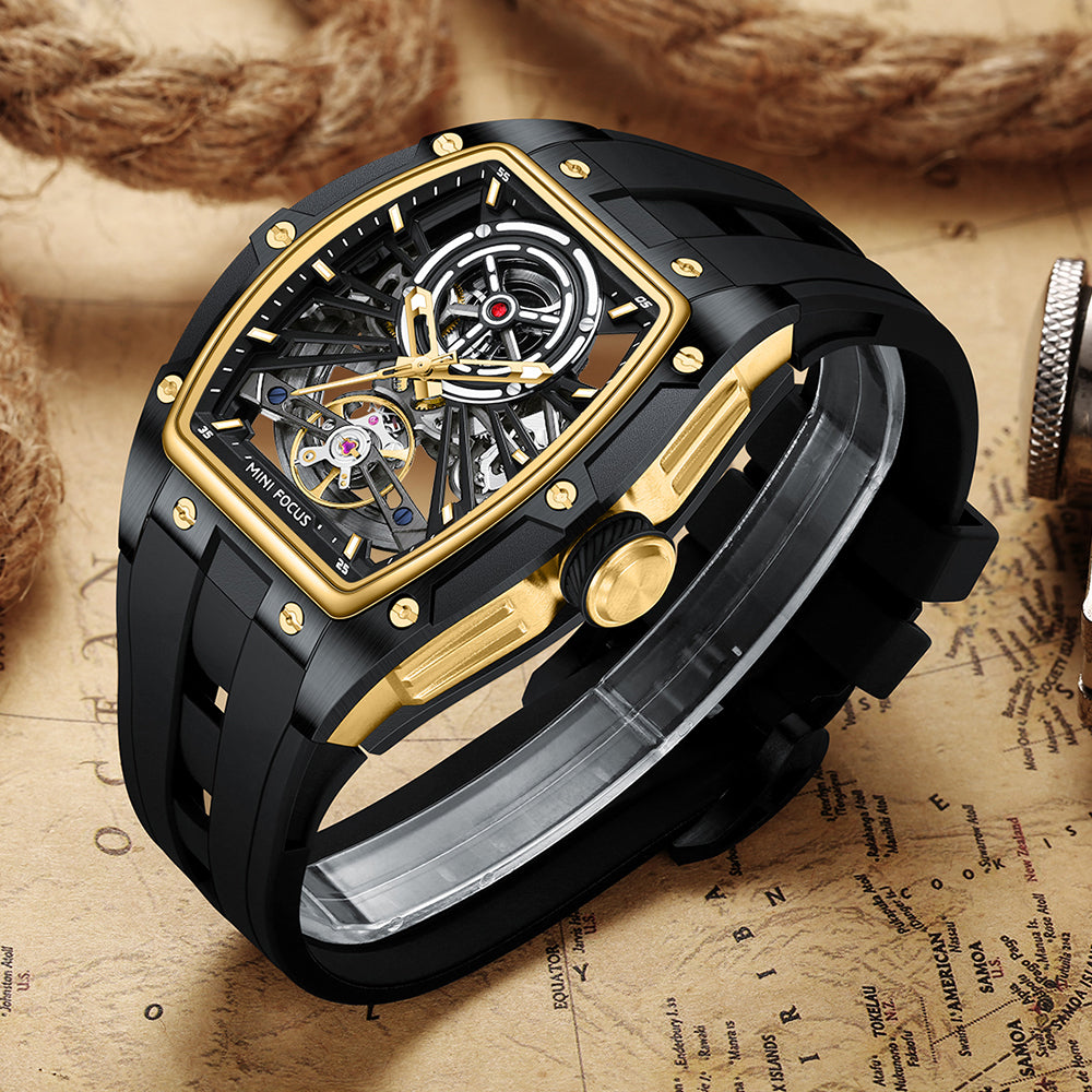 Black Gold Skeleton Dial Automatic Watch for Men