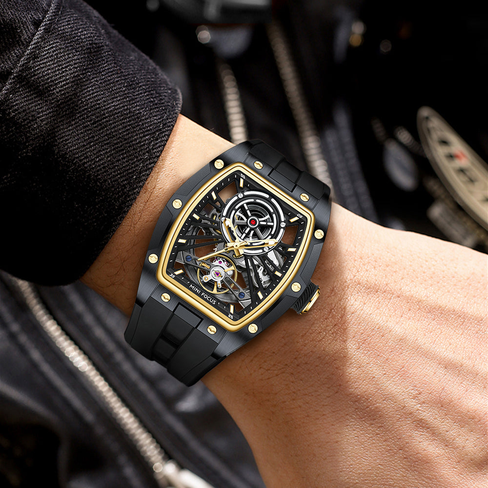 Black Gold Skeleton Dial Automatic Watch for Men