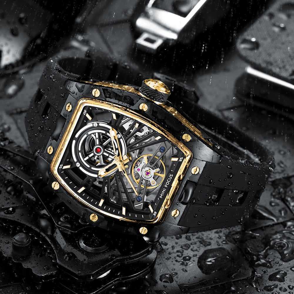 Black Gold Skeleton Dial Automatic Watch for Men