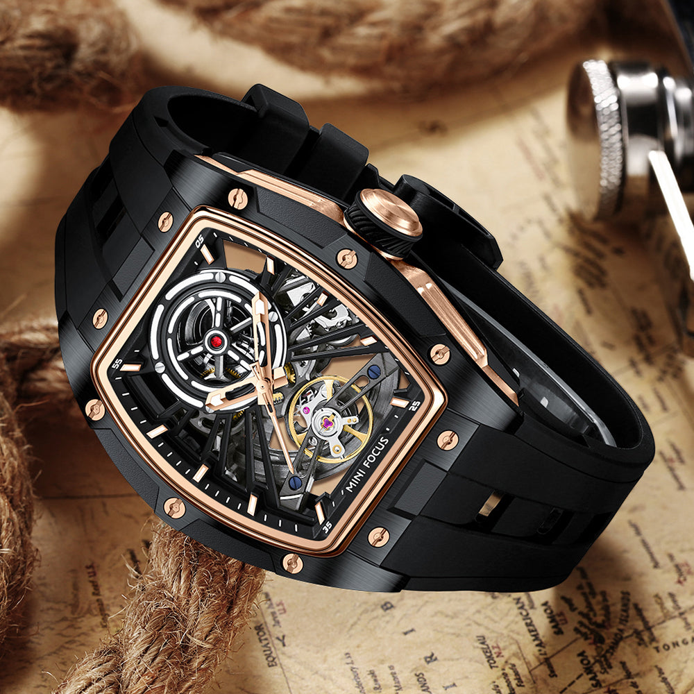 Black Rose Gold Skeleton Dial Automatic Watch for Men