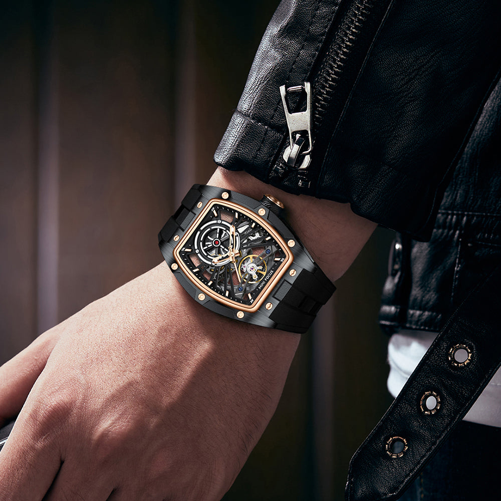 Black Rose Gold Skeleton Dial Automatic Watch for Men