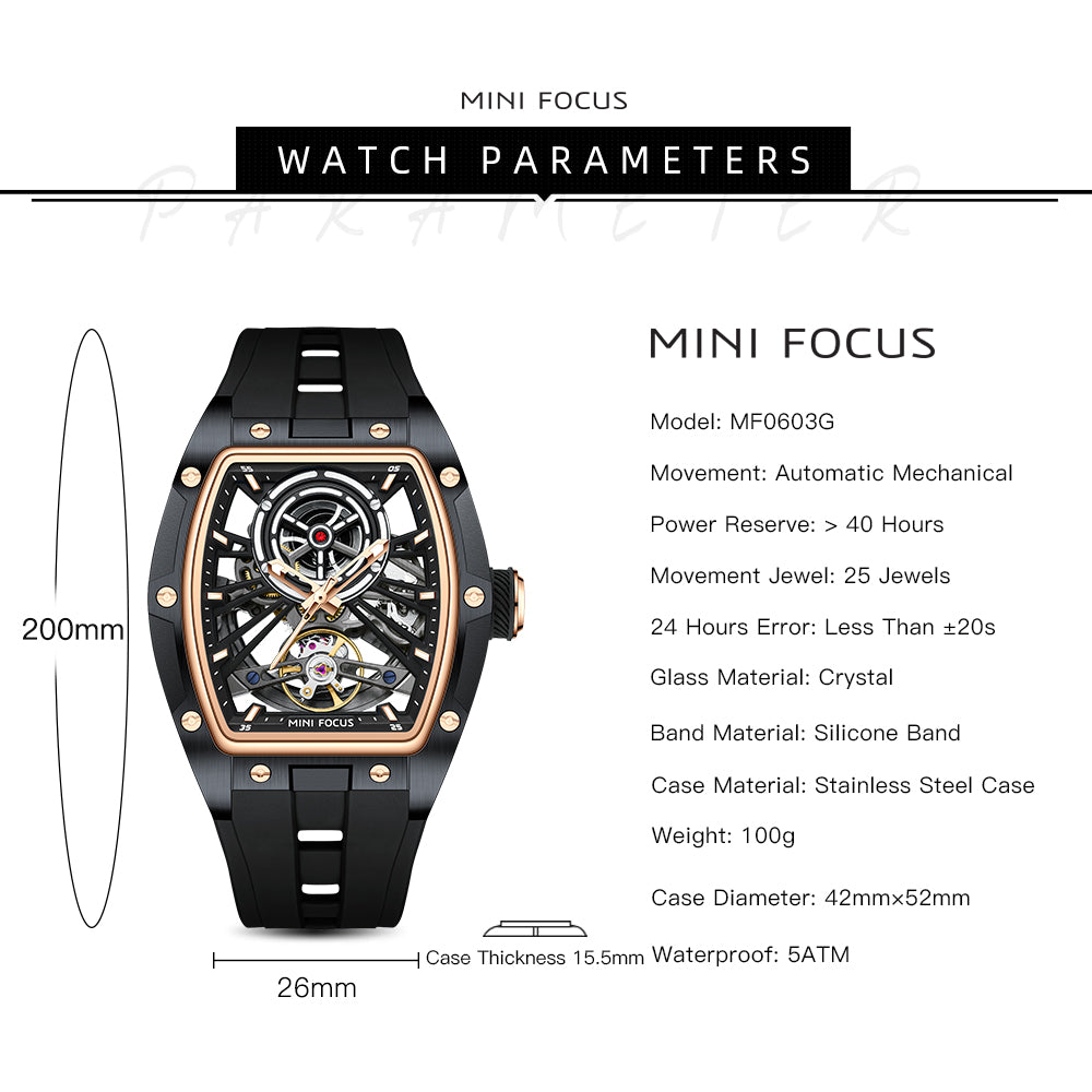 Black Rose Gold Skeleton Dial Automatic Watch for Men