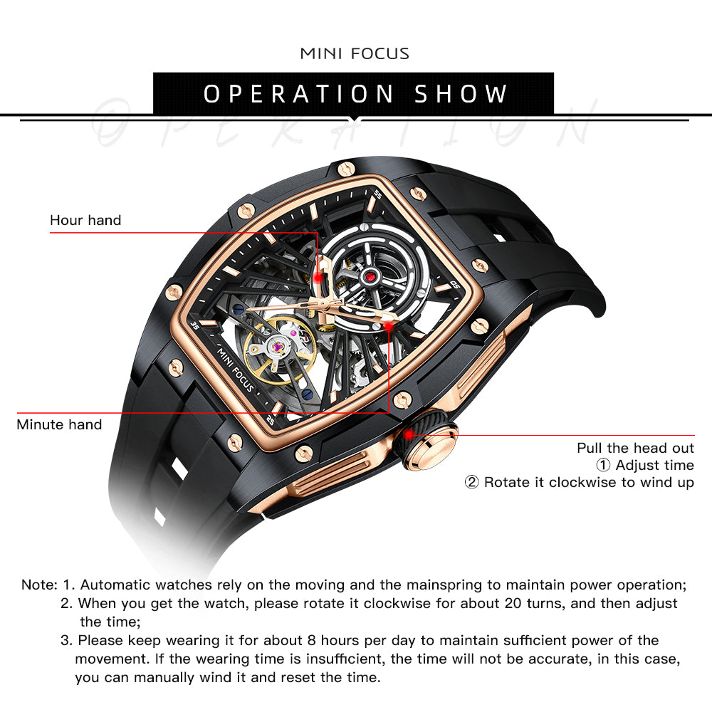 Black Rose Gold Skeleton Dial Automatic Watch for Men