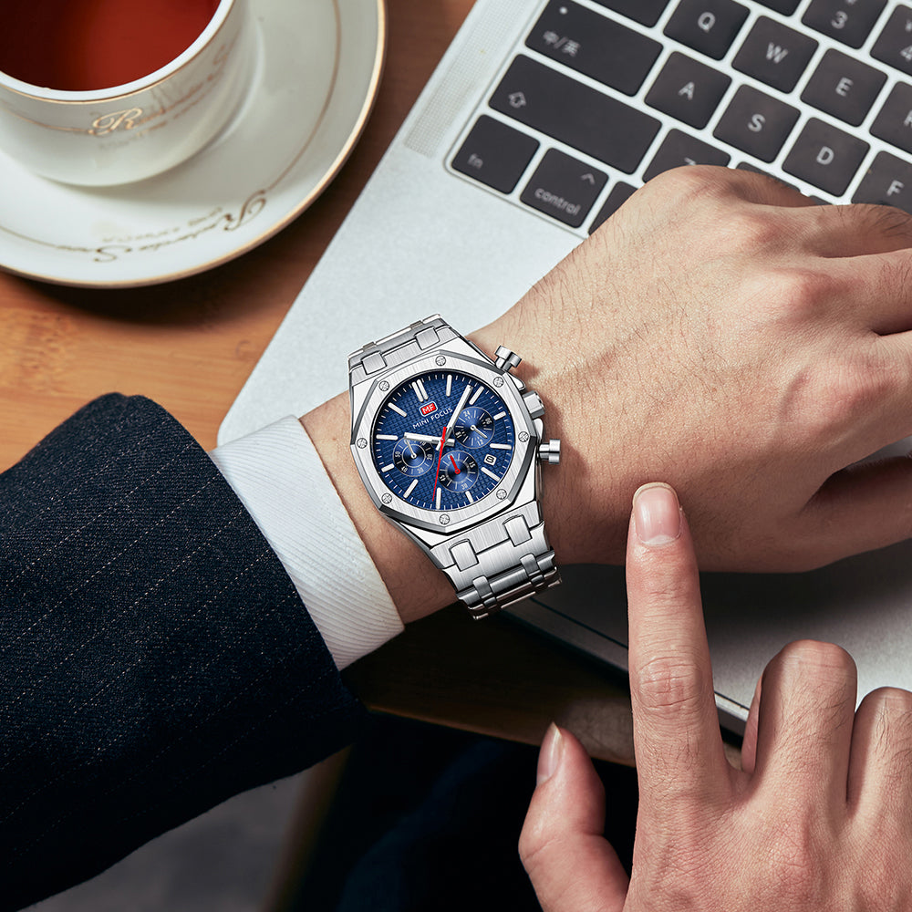 Blue Waffle Dial Stainless Steel Bracelet Chronograph Watch for Men