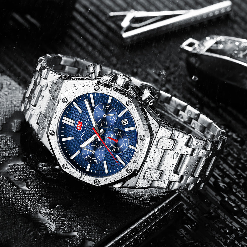 Blue Waffle Dial Stainless Steel Bracelet Chronograph Watch for Men