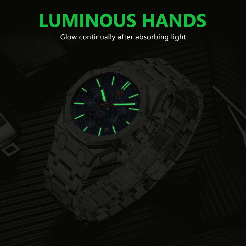 Blue Waffle Dial Stainless Steel Bracelet Chronograph Watch for Men
