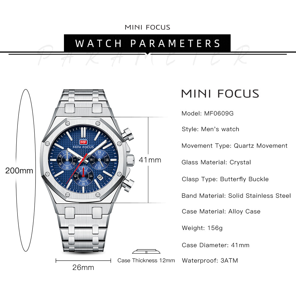 Blue Waffle Dial Stainless Steel Bracelet Chronograph Watch for Men