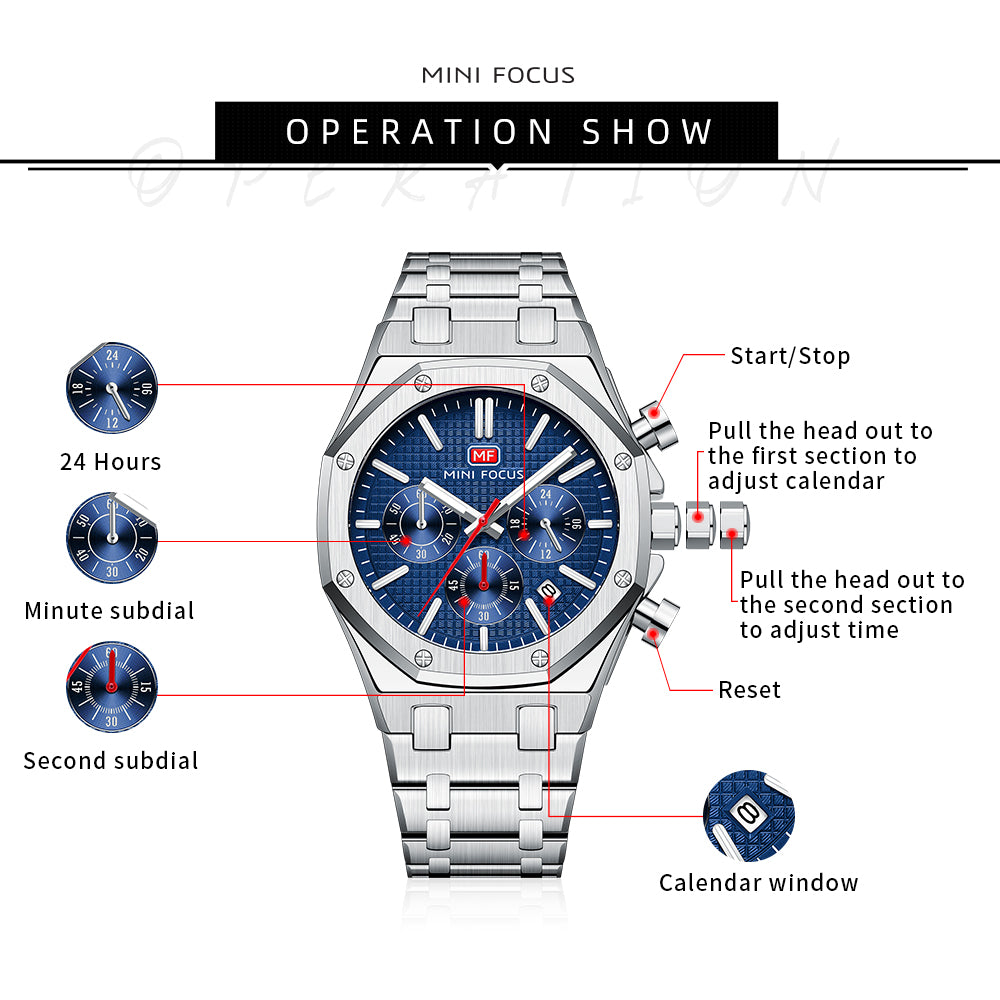 Blue Waffle Dial Stainless Steel Bracelet Chronograph Watch for Men