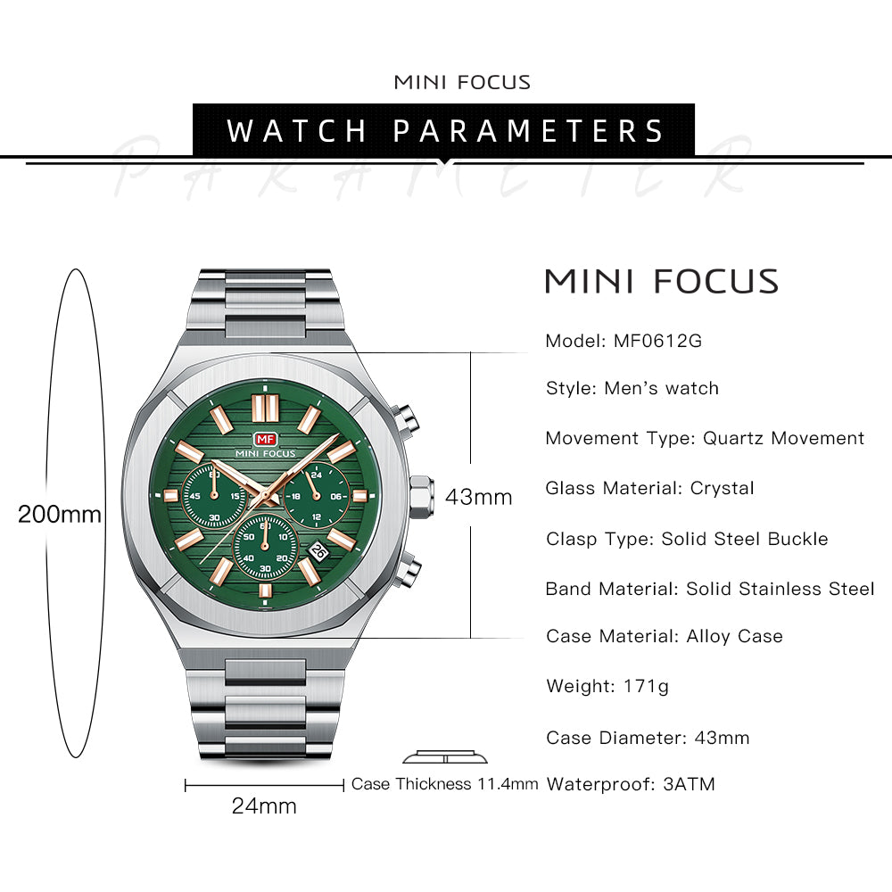 Mini Focus MF0612G.03 Men's Green Dial Stainless Steel Luxury Chronograph Watch