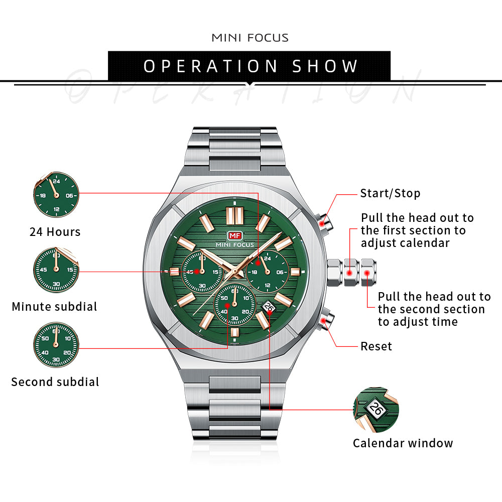 Mini Focus MF0612G.03 Men's Green Dial Stainless Steel Luxury Chronograph Watch