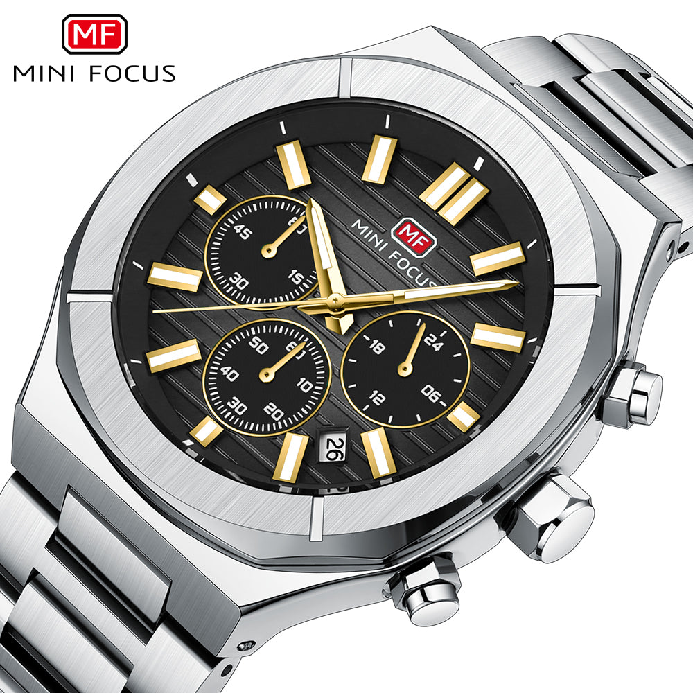 Mini Focus MF0612G.04 Men's Black Dial Stainless Steel Luxury Chronograph Watch