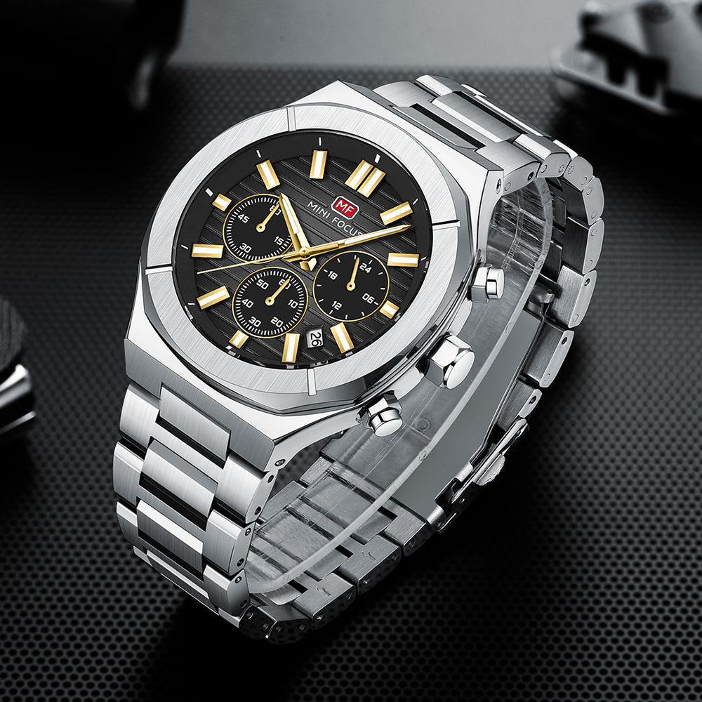Mini Focus MF0612G.04 Men's Black Dial Stainless Steel Luxury Chronograph Watch