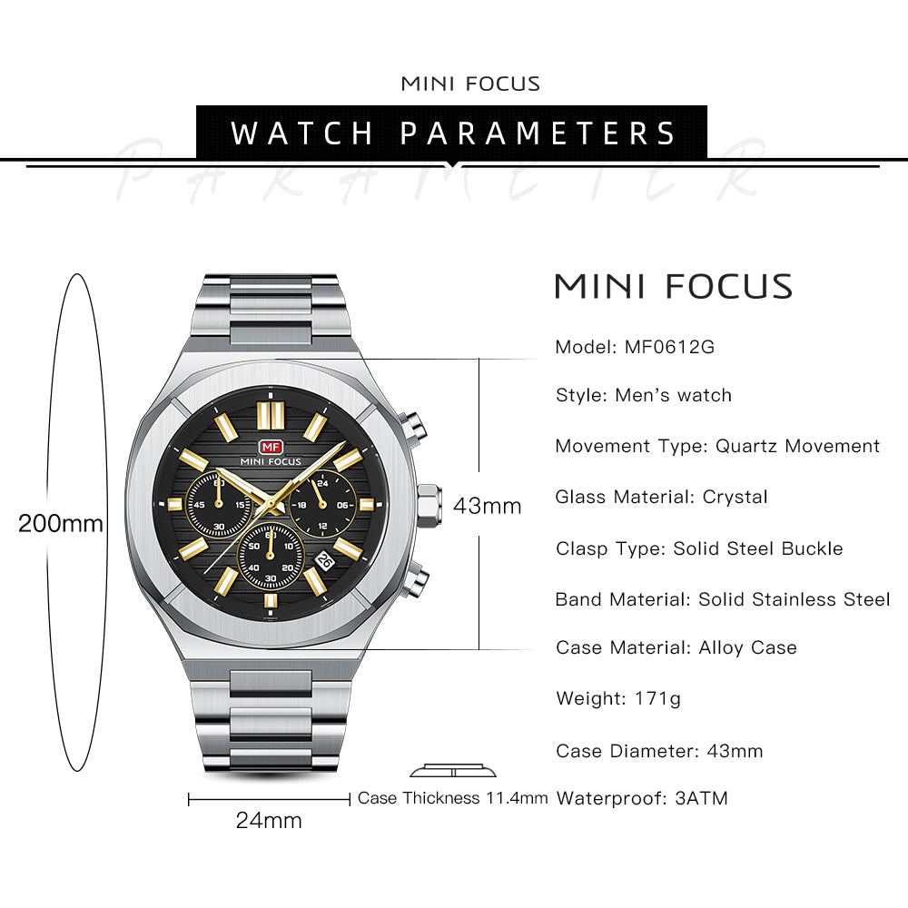 Mini Focus MF0612G.04 Men's Black Dial Stainless Steel Luxury Chronograph Watch