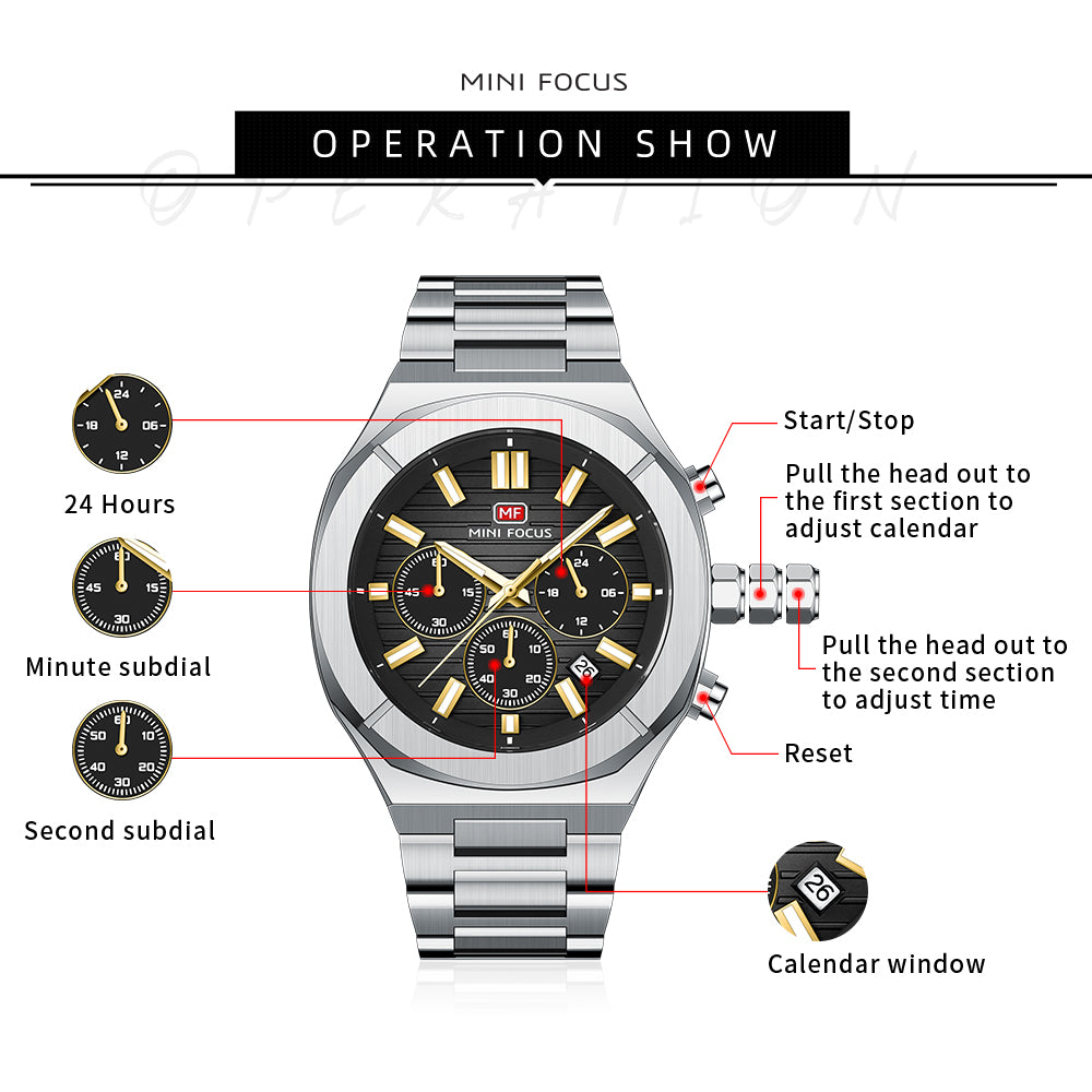 Mini Focus MF0612G.04 Men's Black Dial Stainless Steel Luxury Chronograph Watch