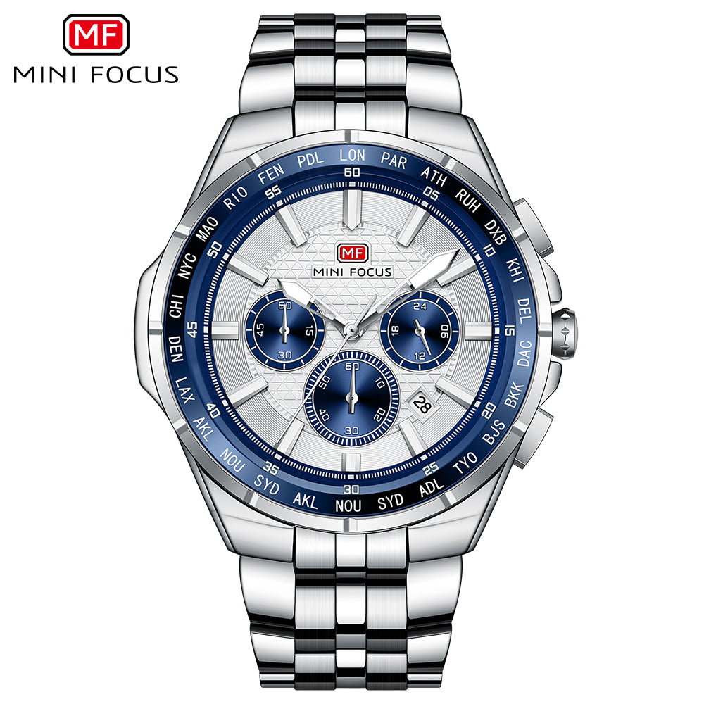 Silver Dial Stainless Steel Bracelet World time bezel Chronograph Watch for Men