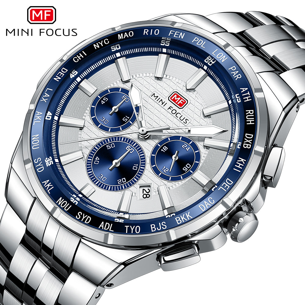 Silver Dial Stainless Steel Bracelet World time bezel Chronograph Watch for Men
