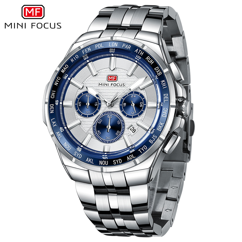 Silver Dial Stainless Steel Bracelet World time bezel Chronograph Watch for Men