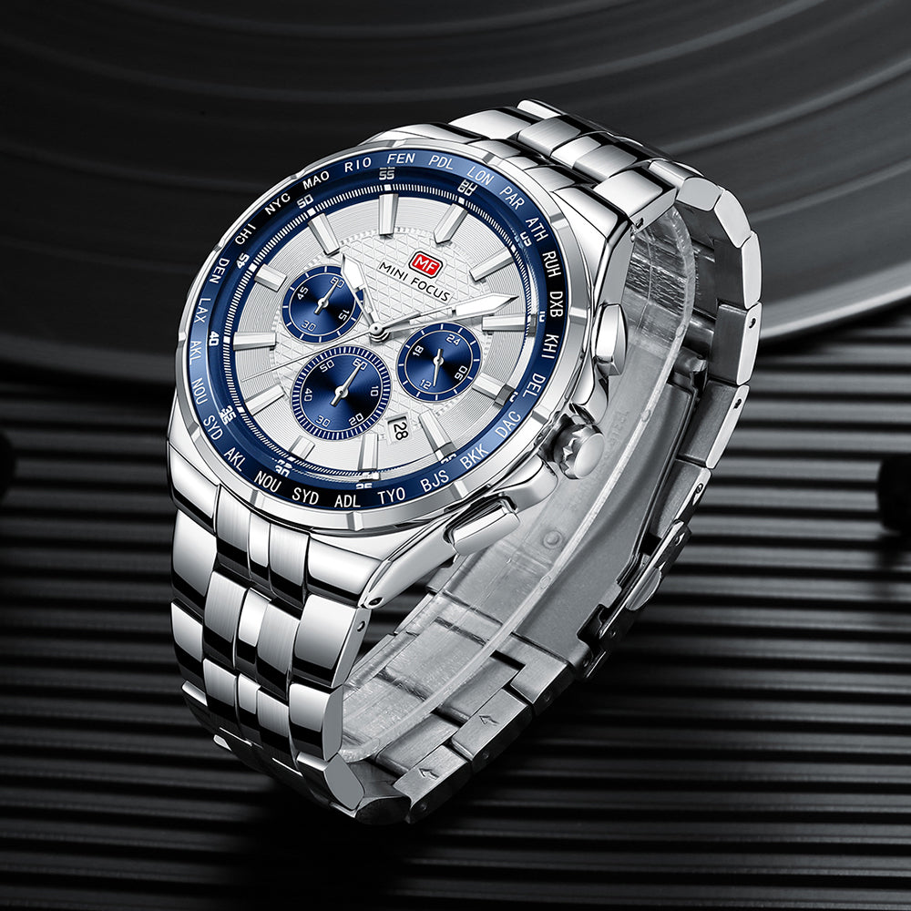 Silver Dial Stainless Steel Bracelet World time bezel Chronograph Watch for Men