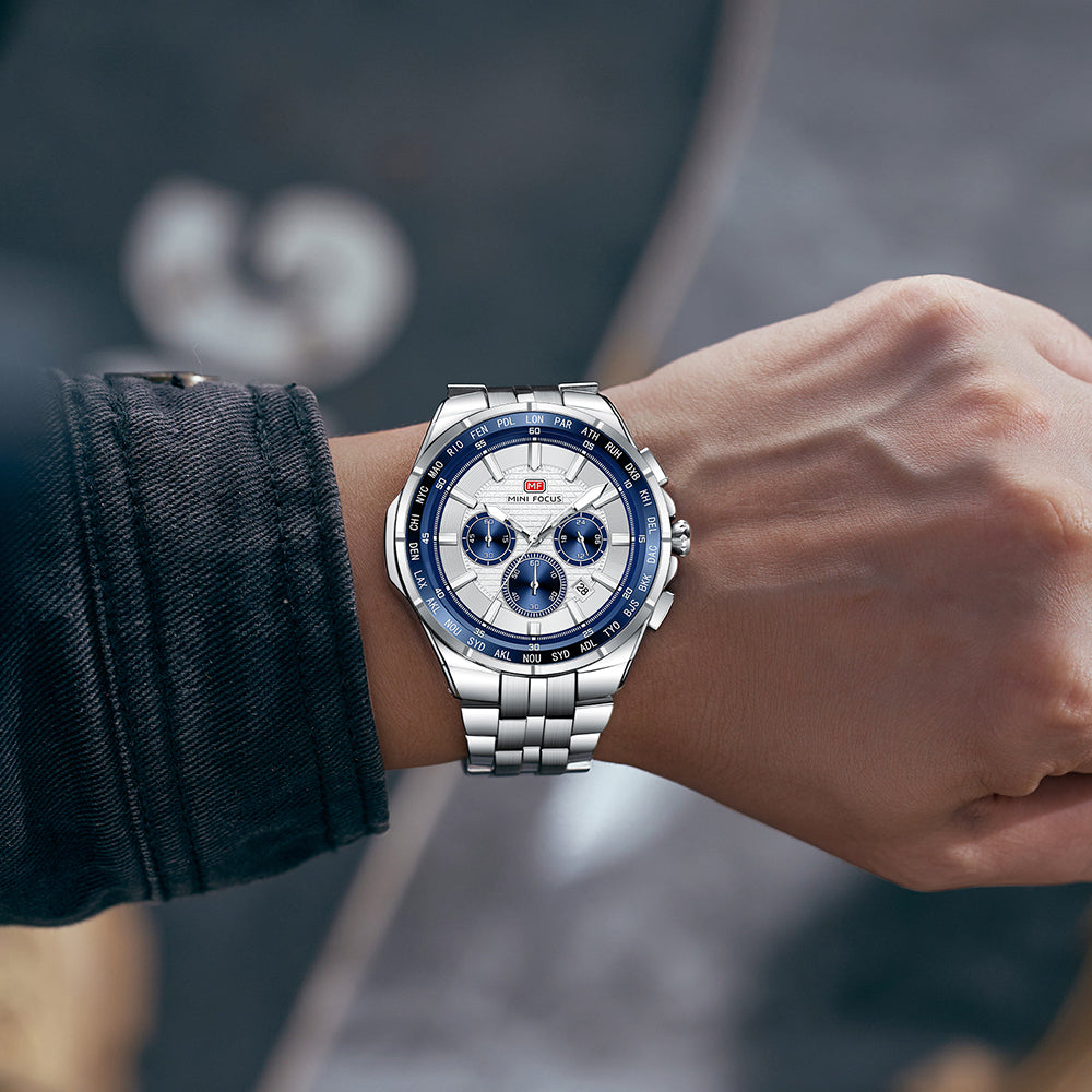 Silver Dial Stainless Steel Bracelet World time bezel Chronograph Watch for Men