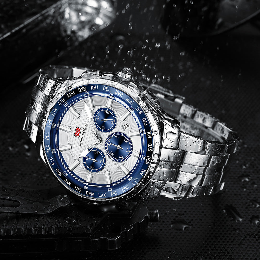 Silver Dial Stainless Steel Bracelet World time bezel Chronograph Watch for Men