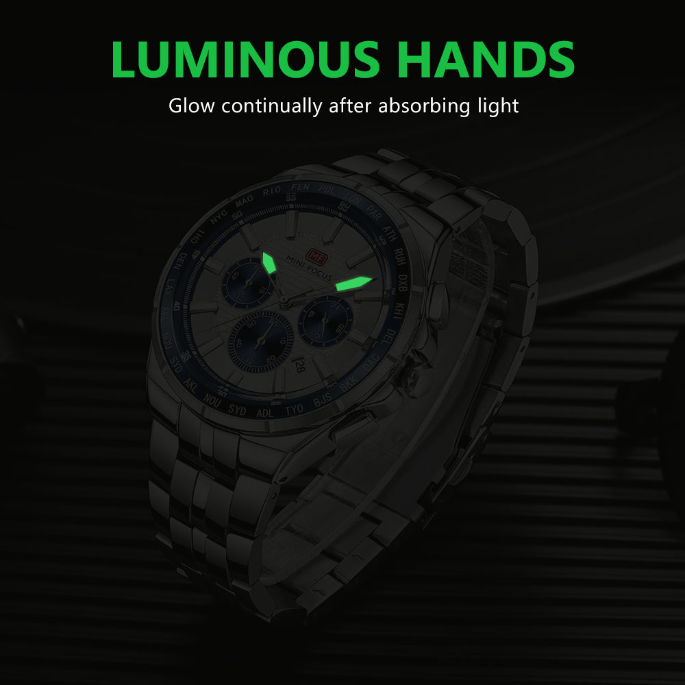 Silver Dial Stainless Steel Bracelet World time bezel Chronograph Watch for Men