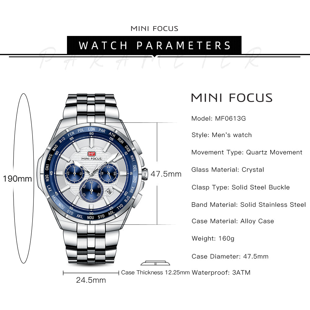 Silver Dial Stainless Steel Bracelet World time bezel Chronograph Watch for Men
