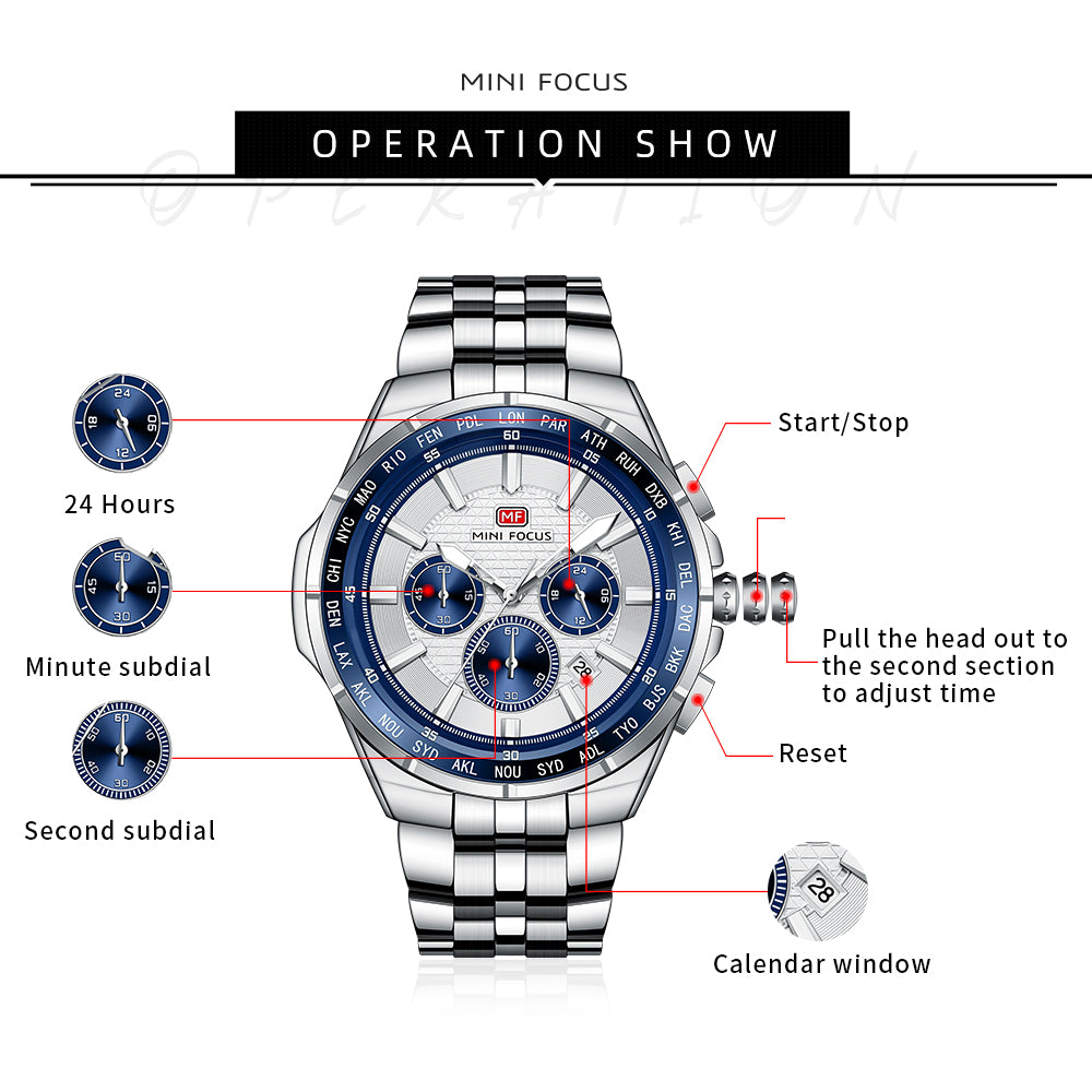 Silver Dial Stainless Steel Bracelet World time bezel Chronograph Watch for Men