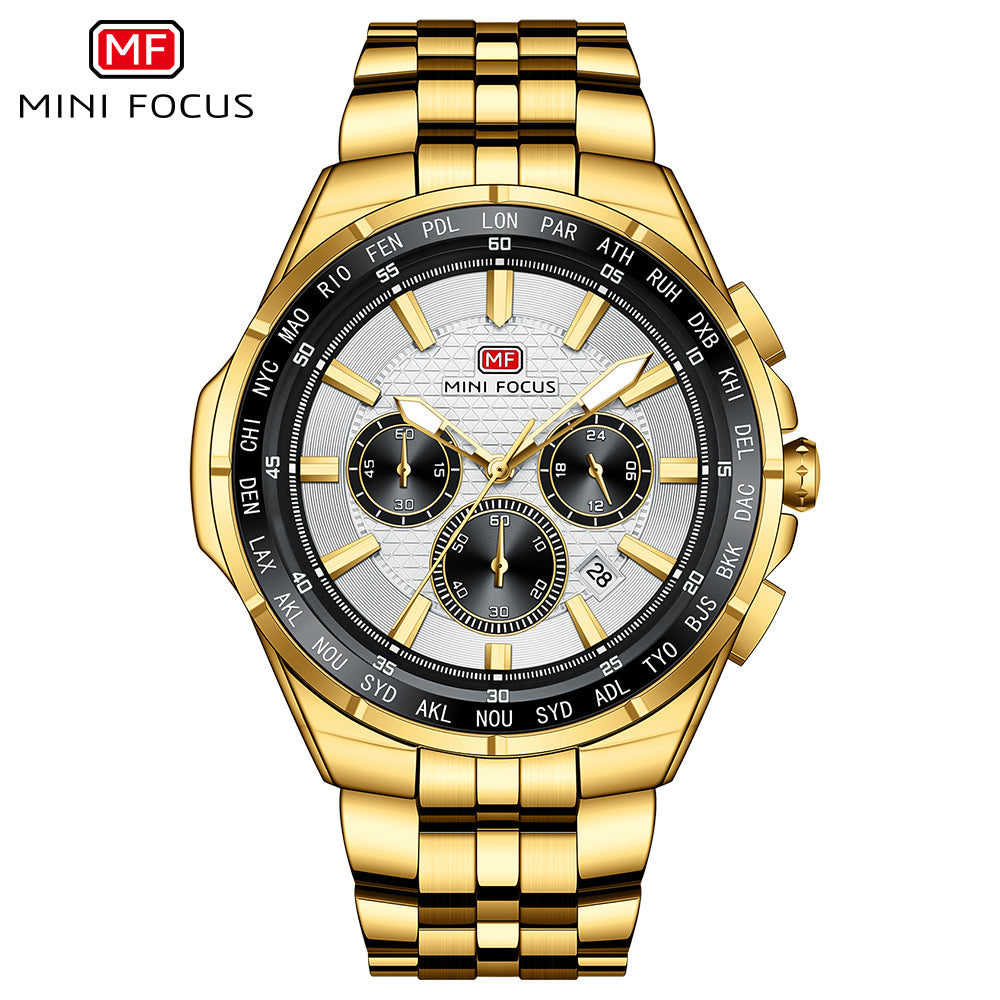 Mini Focus MF0613G.04 Men's Silver Dial World Time Stainless Steel Chronograph Watch - Gold