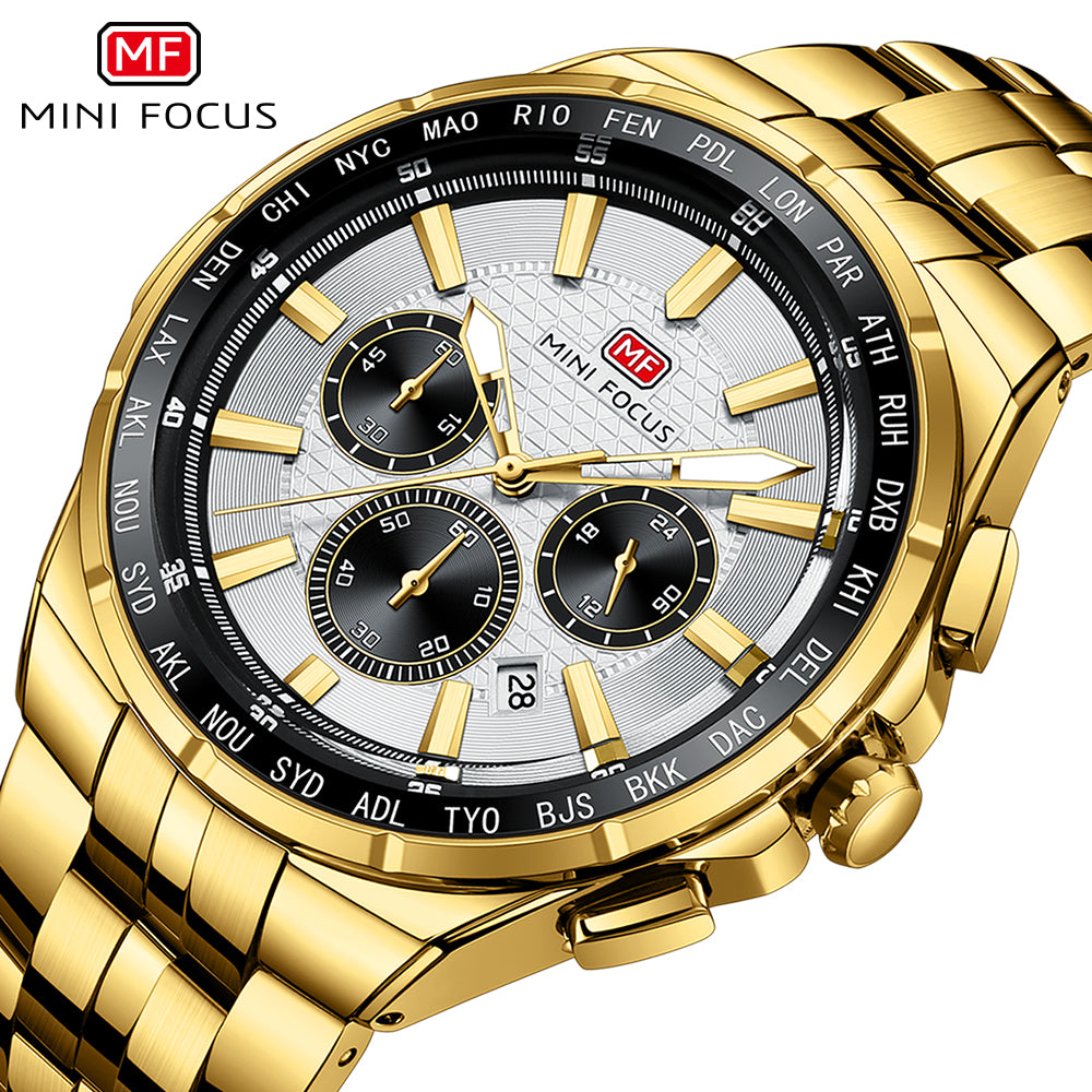 Mini Focus MF0613G.04 Men's Silver Dial World Time Stainless Steel Chronograph Watch - Gold