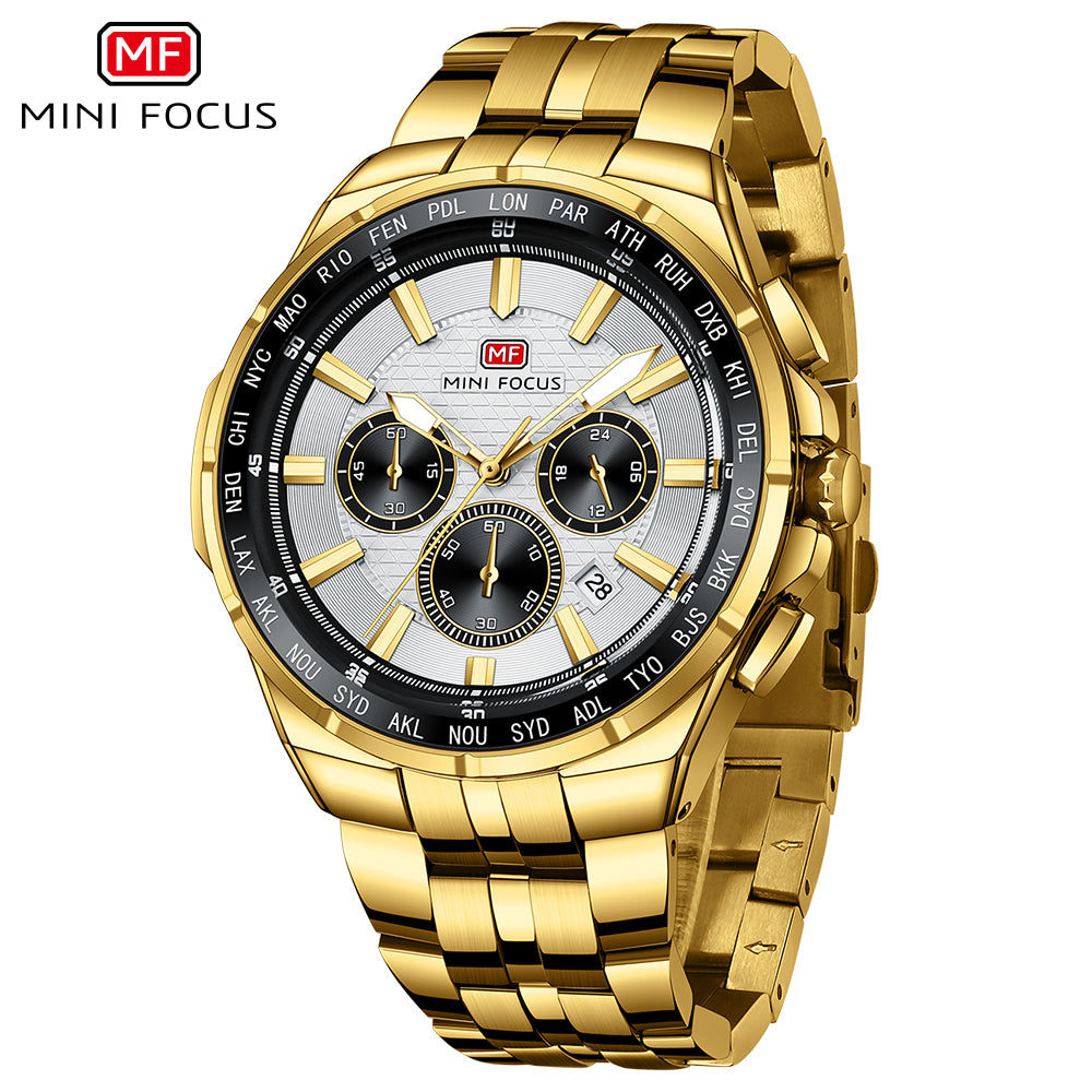 Mini Focus MF0613G.04 Men's Silver Dial World Time Stainless Steel Chronograph Watch - Gold