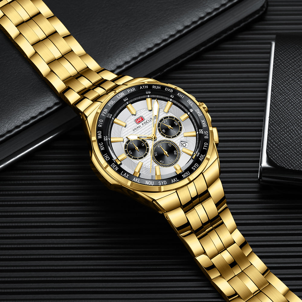 Silver Dial Gold Bracelet world time bezel chronograph Watch for Men