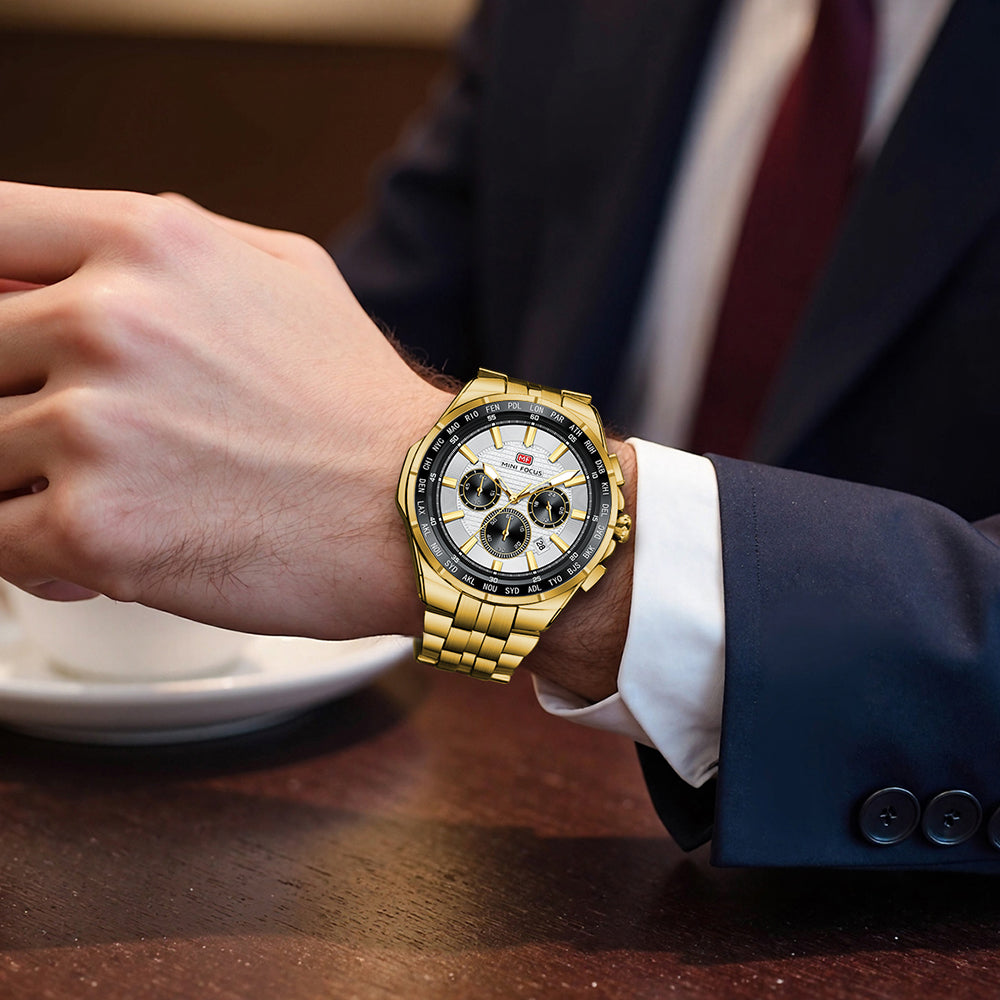 Silver Dial Gold Bracelet world time bezel chronograph Watch for Men