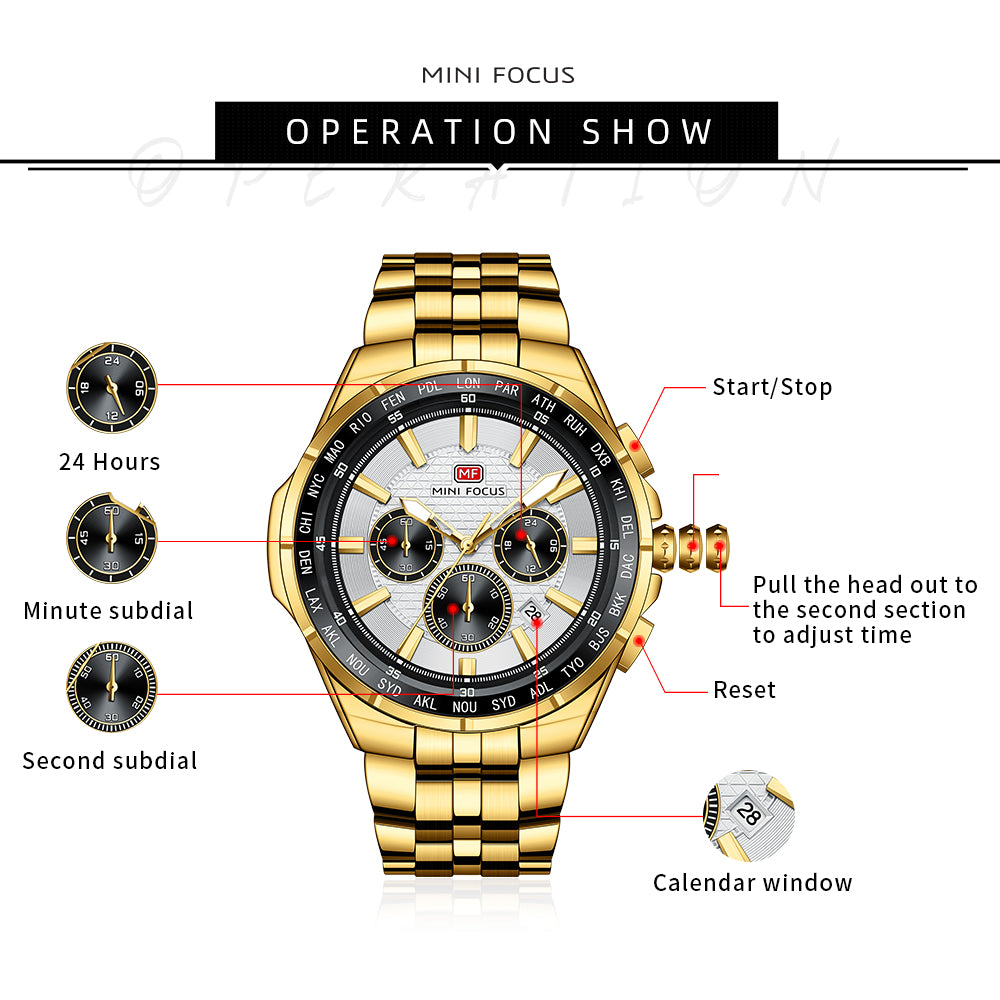 Silver Dial Gold Bracelet world time bezel chronograph Watch for Men