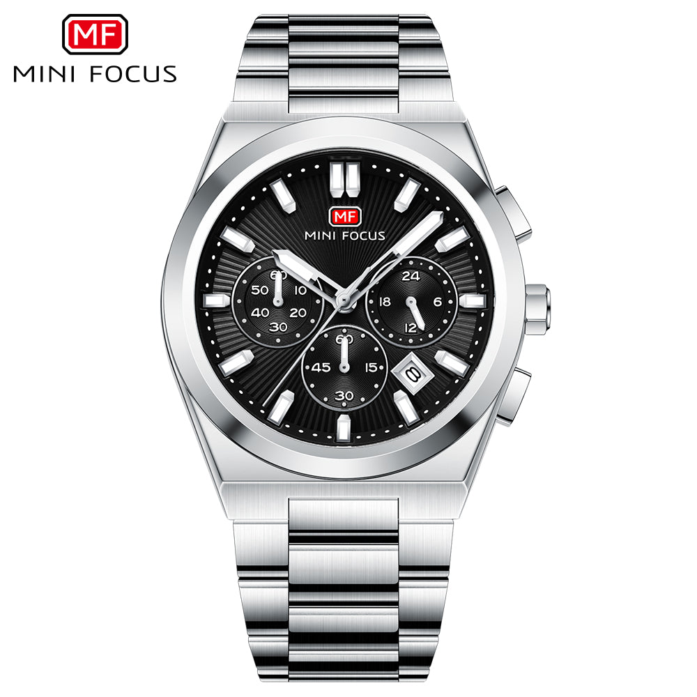 Black Sunburst Dial with Stainless Steel Bracelet Chronograph Watch for Men