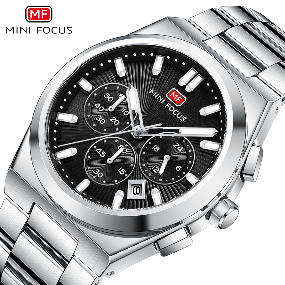 Black Sunburst Dial with Stainless Steel Bracelet Chronograph Watch for Men