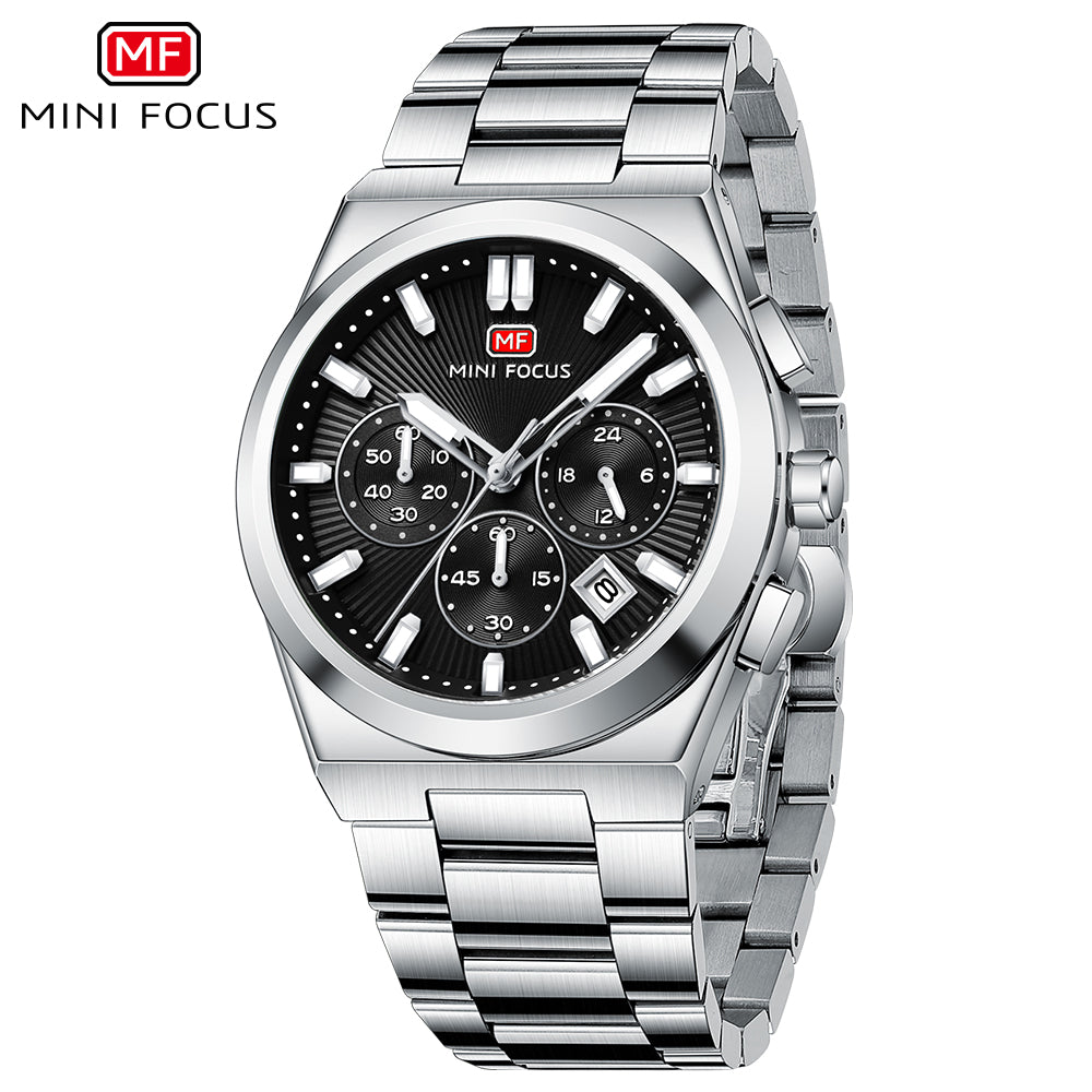 Black Sunburst Dial with Stainless Steel Bracelet Chronograph Watch for Men