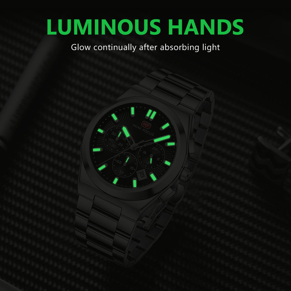 Black Sunburst Dial with Stainless Steel Bracelet Chronograph Watch for Men