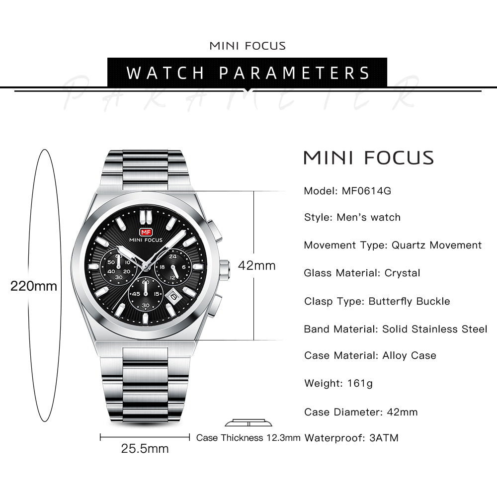 Black Sunburst Dial with Stainless Steel Bracelet Chronograph Watch for Men