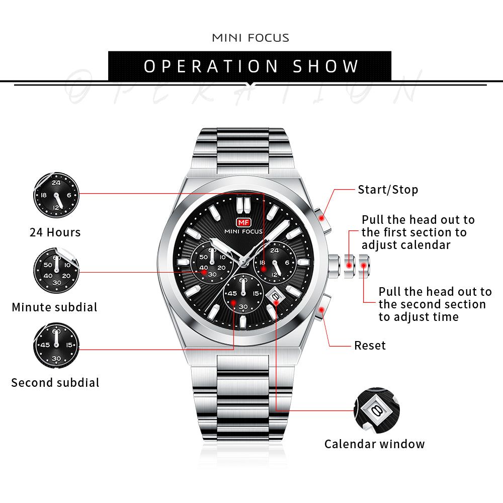 Black Sunburst Dial with Stainless Steel Bracelet Chronograph Watch for Men