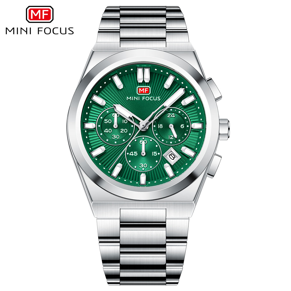 Green Sunburst Dial with Stainless Steel Bracelet Chronograph Watch for Men