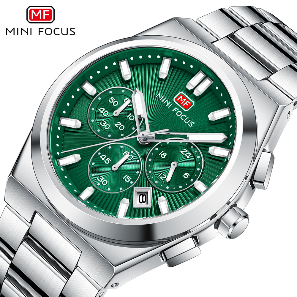 Green Sunburst Dial with Stainless Steel Bracelet Chronograph Watch for Men