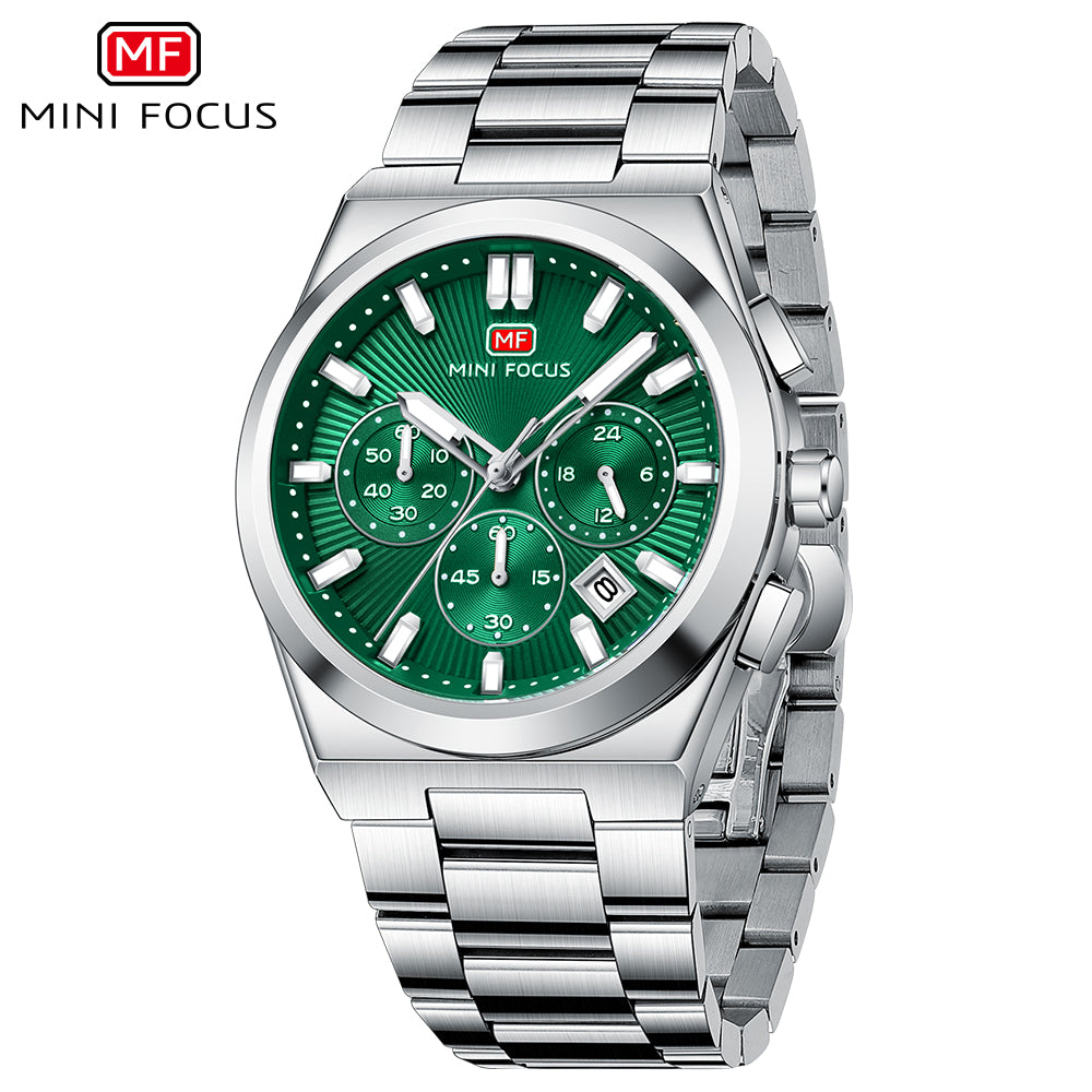 Green Sunburst Dial with Stainless Steel Bracelet Chronograph Watch for Men