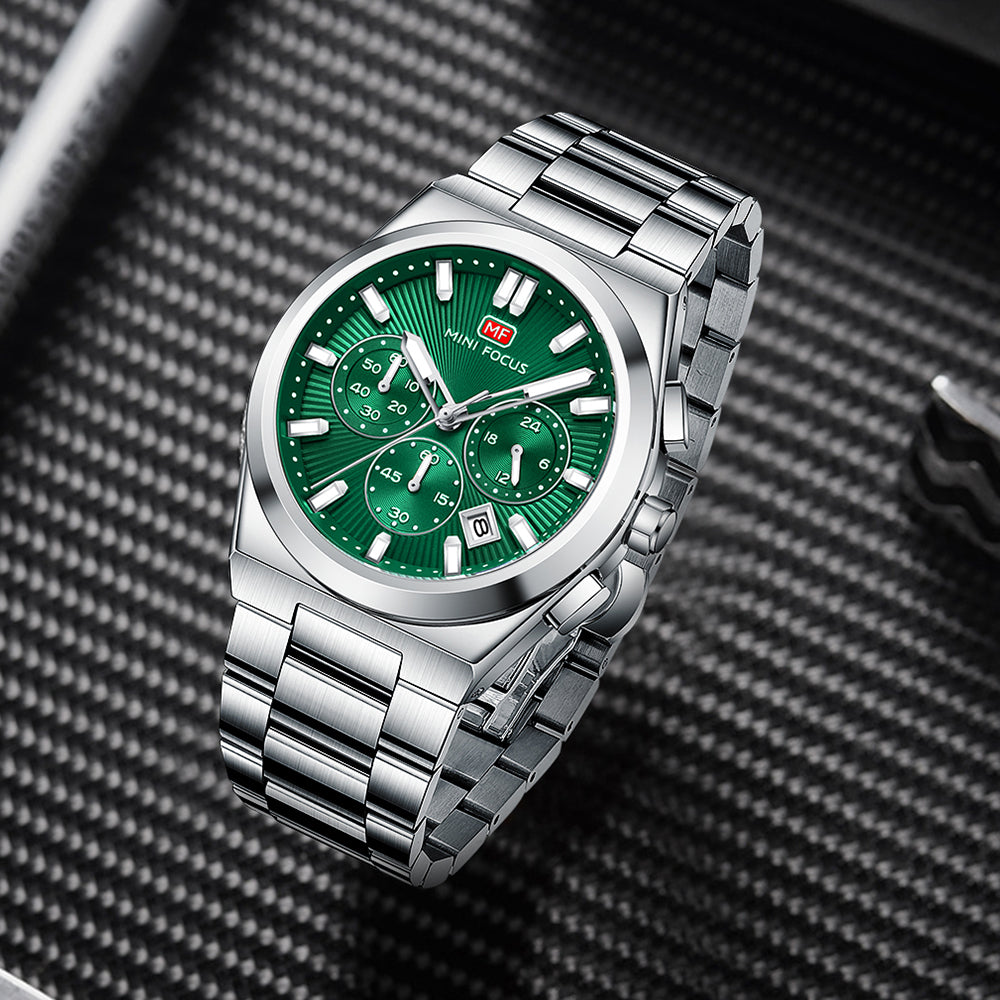 Green Sunburst Dial with Stainless Steel Bracelet Chronograph Watch for Men
