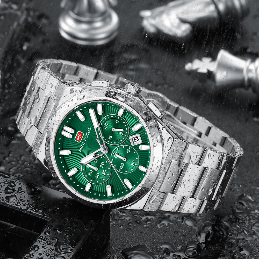 Green Sunburst Dial with Stainless Steel Bracelet Chronograph Watch for Men