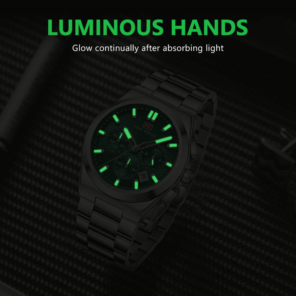 Green Sunburst Dial with Stainless Steel Bracelet Chronograph Watch for Men